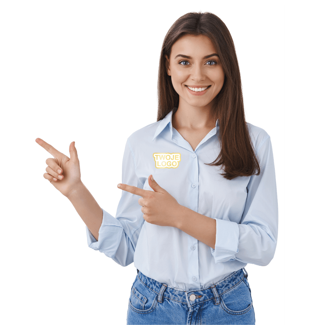 handlowiec z przypiętą przypinką reklamową, pinsem logo firmy